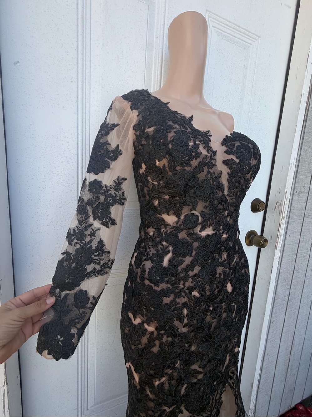 One-Shoulder Black Lace Evening Dress with Sheer Nude Illusion